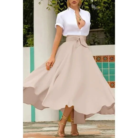 Women's Apricot Elegant Waist Side Slit Irregular Bohemian Pockets Maxi Skirt - Picture 2 of 7